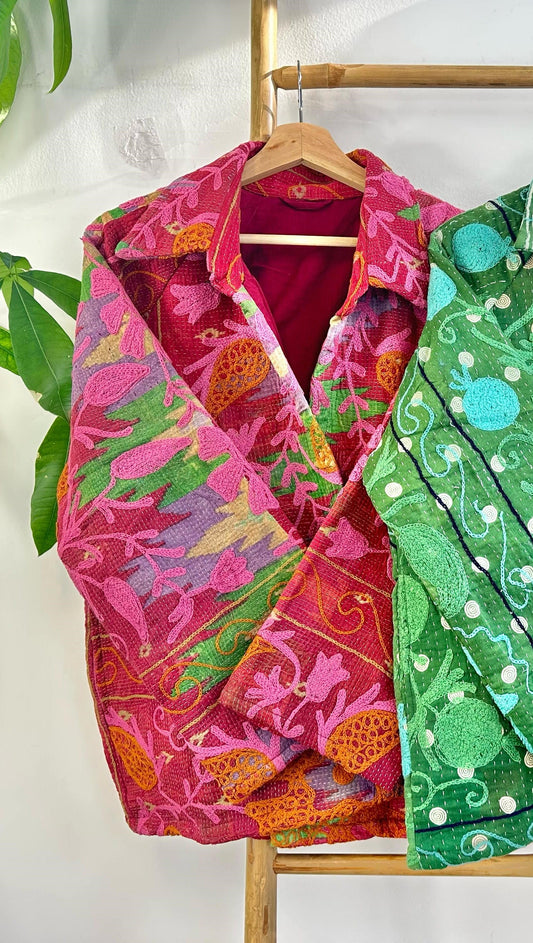 Vintage Suzani Jacket – Artisan Embroidery Meets Timeless Style Margenta, Lavender, Mint Green, Candy Pink, Orange-Cream Floral Pattern