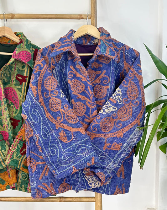 Vintage Suzani Jacket – Artisan Embroidery Meets Timeless Style Violet Blue, Orange, White