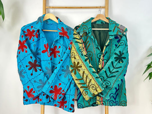 Vintage Suzani Jacket – Artisan Embroidery Meets Timeless Style Tiffany Blue, Yellow, Brown, Blue Floral Pattern