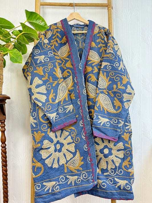 Vintage Suzani Jacket – Artisan Embroidery Meets Timeless Style Lake Blue, Mustard, Beige