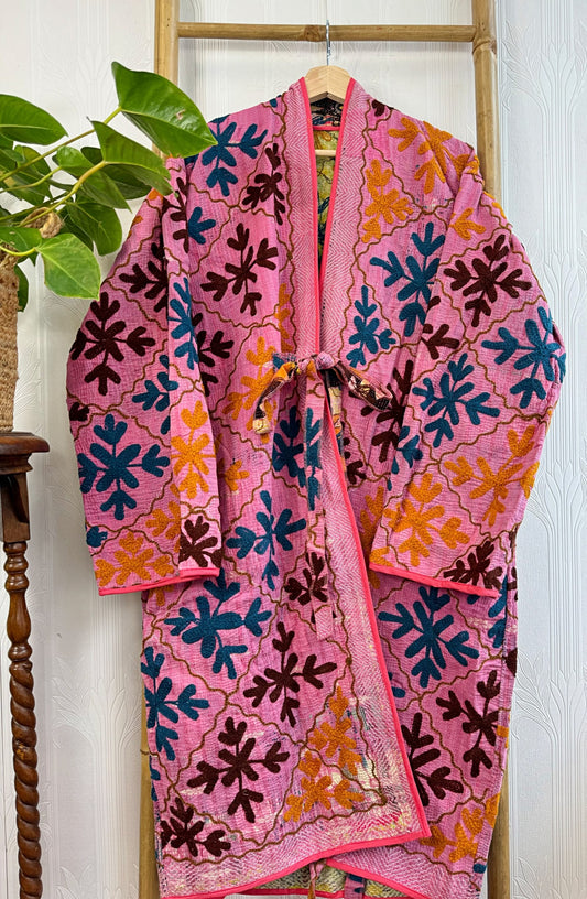 Vintage Suzani Jacket – Artisan Embroidery Meets Timeless Style Light Hot Pink, Blue, Black, Orange