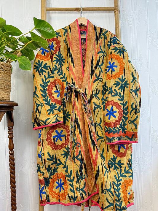 Vintage Suzani Jacket – Artisan Embroidery Meets Timeless Style Mustard, Dark Navy Blue, Orange, Red