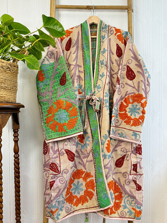 Vintage Suzani Jacket – Artisan Embroidery Meets Timeless Style Barley White, Mantis Green, Teal, Orange, Red