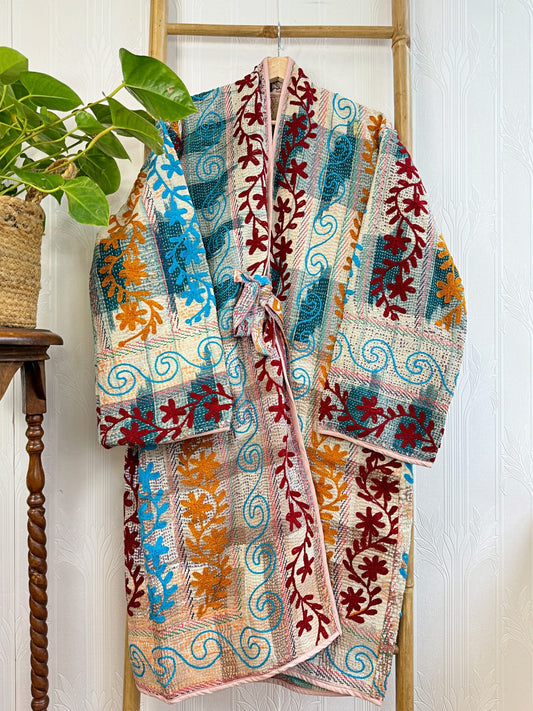Vintage Suzani Jacket – Artisan Embroidery Meets Timeless Style Cream, Mint Blue, Teal Blue, Orange, Maroon, Blue