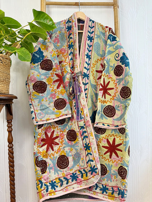 Vintage Suzani Jacket – Artisan Embroidery Meets Timeless Style Ivory, Pastel Blue, Light Pink, Light Yellow, Red