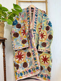 Vintage Suzani Jacket – Artisan Embroidery Meets Timeless Style Ivory, Pastel Blue, Light Pink, Light Yellow, Red