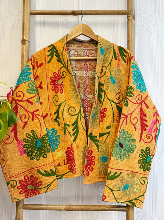 Vintage Suzani Jacket – Artisan Embroidery Meets Timeless Style Carrot Orange, Sea green, Dark Green, Red
