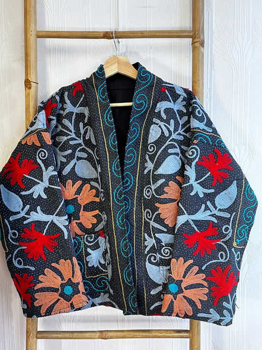 Vintage Suzani Jacket – Artisan Embroidery Meets Timeless Style Slate-Black, Light Blue, Orange, Red, Floral Pattern