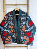 Vintage Suzani Jacket – Artisan Embroidery Meets Timeless Style Slate-Black, Light Blue, Orange, Red, Floral Pattern