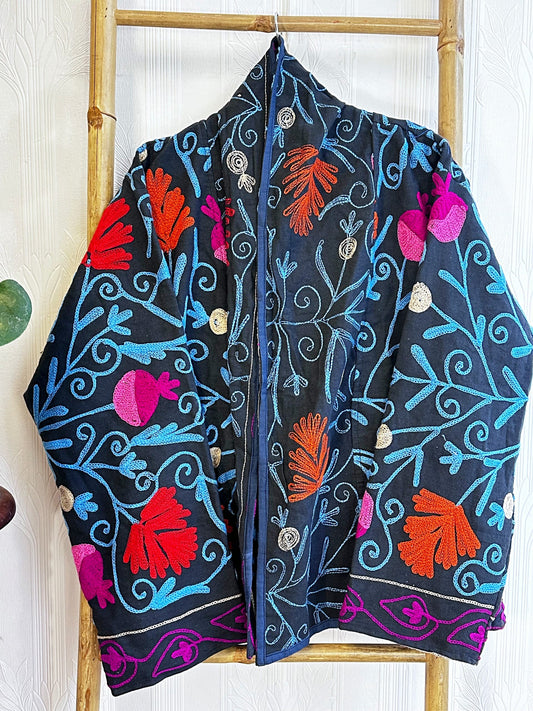 Vintage Suzani Jacket – Artisan Embroidery Meets Timeless Style Dark Navy Blue, Light Blue, Red, Light Pink, Margenta
