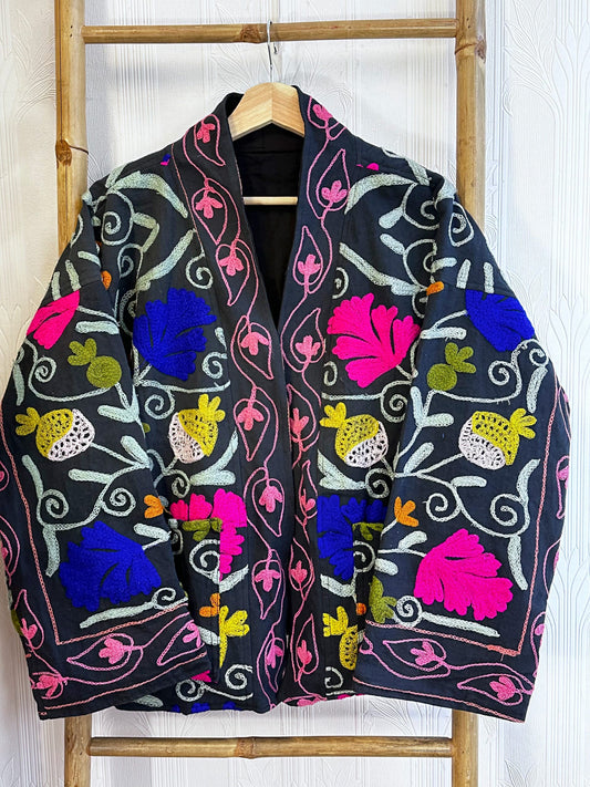 Vintage Suzani Jacket – Artisan Embroidery Meets Timeless Style Matte Black, Dark Pink, Blue, Teal Yellow