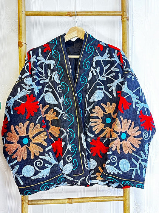 Vintage Suzani Jacket – Artisan Embroidery Meets Timeless Style Dark Blue, Pastel Blue, Fancy Orange, Red