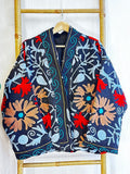 Vintage Suzani Jacket – Artisan Embroidery Meets Timeless Style Dark Blue, Pastel Blue, Fancy Orange, Red