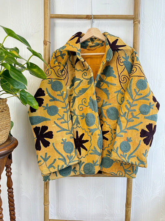 Vintage Suzani Jacket – Artisan Embroidery Meets Timeless Style Mustard Yellow, Teal Grey, Black