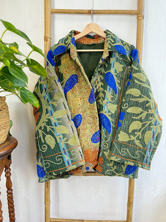 Vintage Suzani Jacket – Artisan Embroidery Meets Timeless Style Dark Green, Solid Olive Green, Blue, Orange-Beige