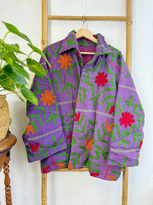 Vintage Suzani Jacket – Artisan Embroidery Meets Timeless Style Stronge Purple, Chateau Green, Red, Orange Floral Pattern