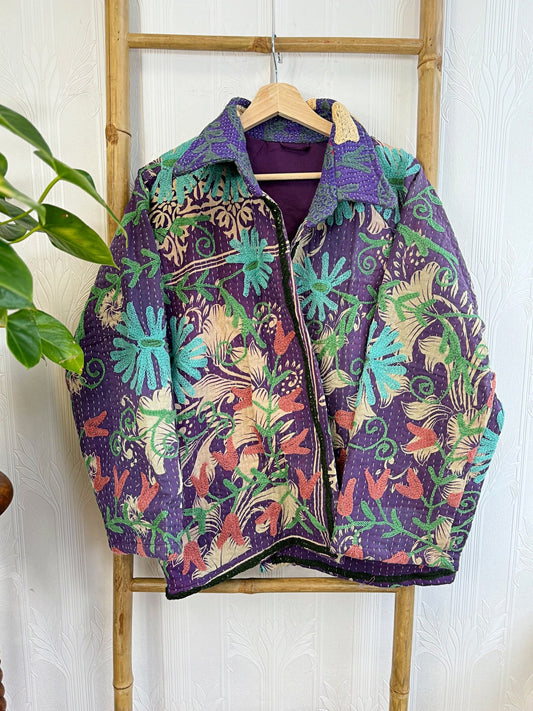 Vintage Suzani Jacket – Artisan Embroidery Meets Timeless Style Faded Purple, Light Blue, Pastel Orange, Cream