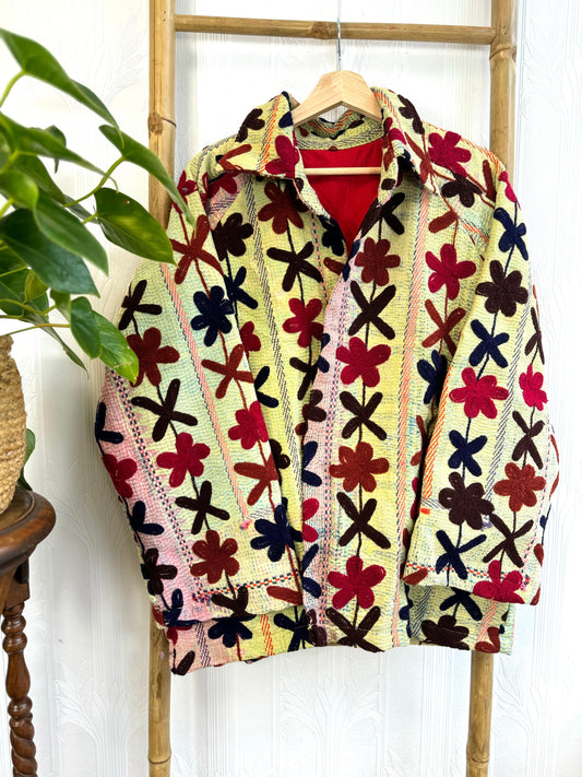 Vintage Suzani Jacket – Artisan Embroidery Meets Timeless Style Light Yellow, Cream, Maroon, Black