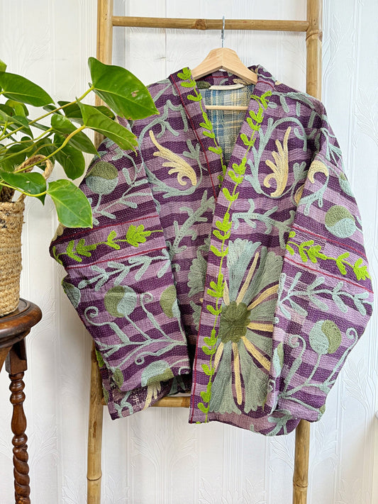 Vintage Suzani Jacket – Artisan Embroidery Meets Timeless Style Thistle, Dark Purple, Grass Green, Teal Grean, Beige