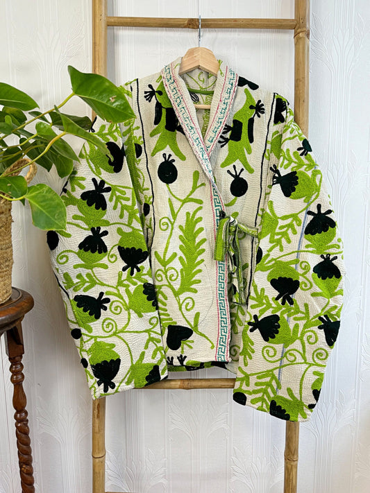 Vintage Suzani Jacket – Artisan Embroidery Meets Timeless Style Jesmine White, Avacado Green, Black