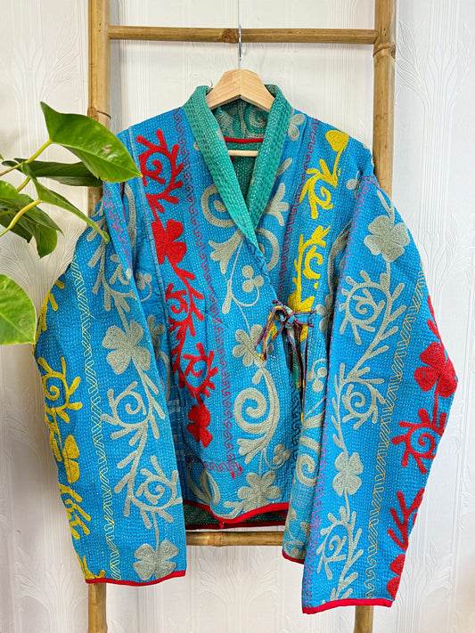 Vintage Suzani Jacket – Artisan Embroidery Meets Timeless Style Bright blue with red yellow
