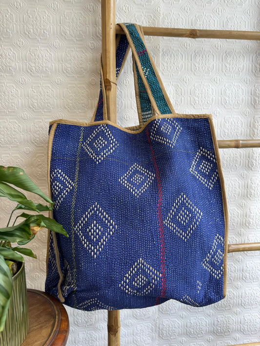 Vintage-Inspired Market Tote Bag – Timeless Style, Everyday Function Blue with white thread