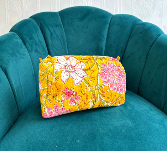 Quilted Cotton Washbag – Soft, Spacious & Everyday Ready Yellow with pink flower