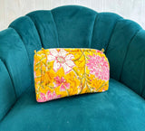 Quilted Cotton Washbag – Soft, Spacious & Everyday Ready Yellow with pink flower