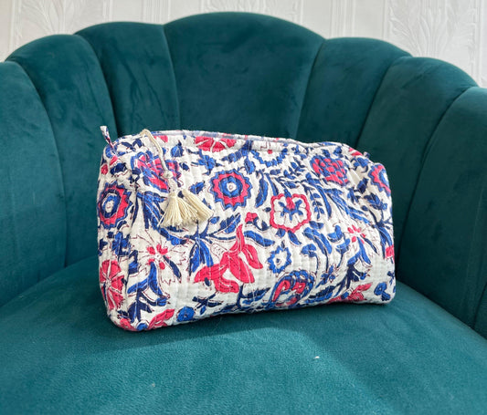 Quilted Cotton Washbag – Soft, Spacious & Everyday Ready White with blue and pink