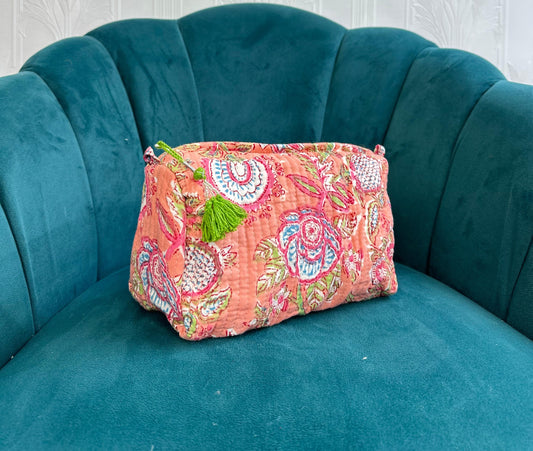 Quilted Cotton Washbag – Soft, Spacious & Everyday Ready Peach hue botanical