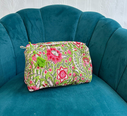 Quilted Cotton Washbag – Soft, Spacious & Everyday Ready Green with pink flora