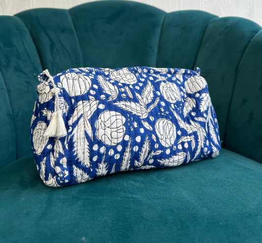 Quilted Cotton Washbag – Soft, Spacious & Everyday Ready Blue with white