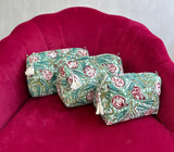 3-Piece Quilted Cotton Washbag Set – Soft, Stylish & Travel-Ready Green print