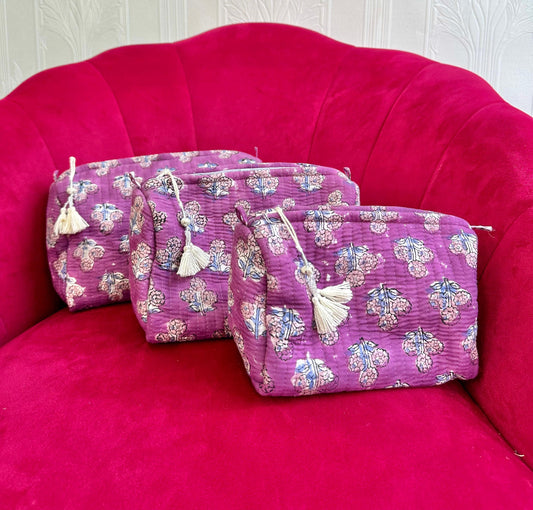 3-Piece Quilted Cotton Washbag Set – Soft, Stylish & Travel-Ready Purple with small motif