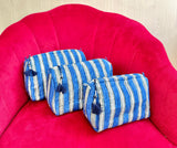 3-Piece Quilted Cotton Washbag Set – Soft, Stylish & Travel-Ready Blue strip