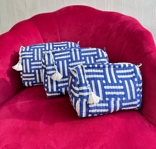 3-Piece Quilted Cotton Washbag Set – Soft, Stylish & Travel-Ready Blue geometric print
