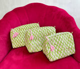 3-Piece Quilted Cotton Washbag Set – Soft, Stylish & Travel-Ready Green with small motif