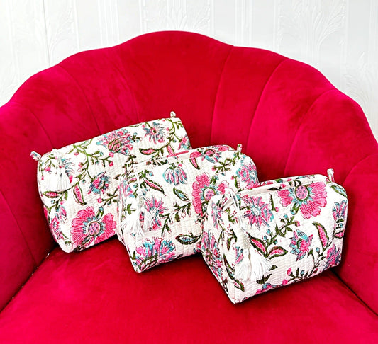 3-Piece Quilted Cotton Washbag Set – Soft, Stylish & Travel-Ready White with pink flowers