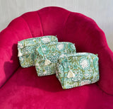 3-Piece Quilted Cotton Washbag Set – Soft, Stylish & Travel-Ready Green hue flora