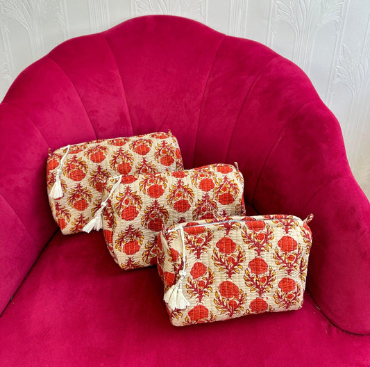 3-Piece Quilted Cotton Washbag Set – Soft, Stylish & Travel-Ready Beige with orange motif
