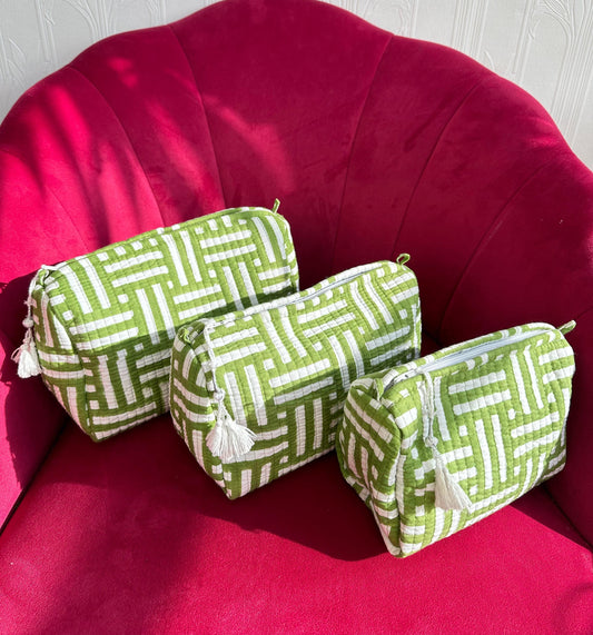 3-Piece Quilted Cotton Washbag Set – Soft, Stylish & Travel-Ready Green geometric