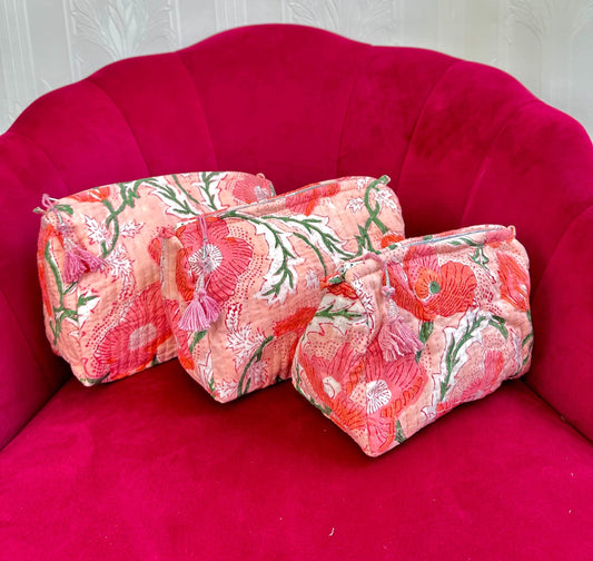 3-Piece Quilted Cotton Washbag Set – Soft, Stylish & Travel-Ready Peach pink pansy