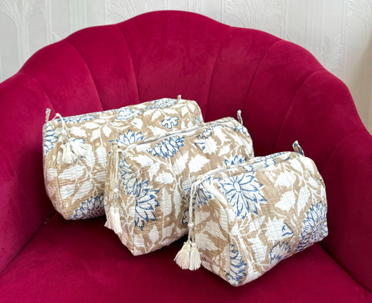 3-Piece Quilted Cotton Washbag Set – Soft, Stylish & Travel-Ready Beige with white and blue