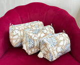 3-Piece Quilted Cotton Washbag Set – Soft, Stylish & Travel-Ready Beige with white and blue