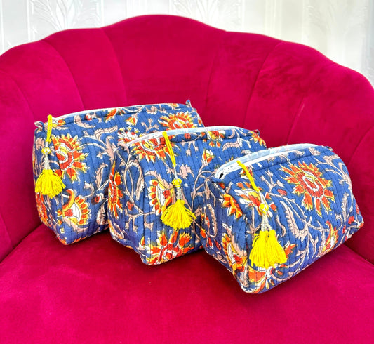 3-Piece Quilted Cotton Washbag Set – Soft, Stylish & Travel-Ready Blue with yellow