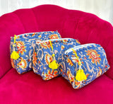 3-Piece Quilted Cotton Washbag Set – Soft, Stylish & Travel-Ready Blue with yellow