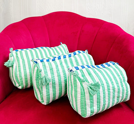 3-Piece Quilted Cotton Washbag Set – Soft, Stylish & Travel-Ready Green strip