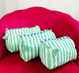 3-Piece Quilted Cotton Washbag Set – Soft, Stylish & Travel-Ready Green strip