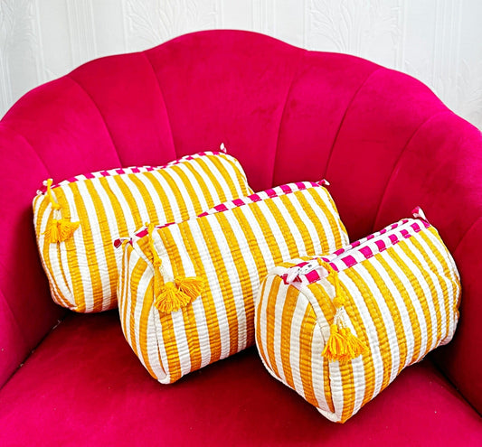 3-Piece Quilted Cotton Washbag Set – Soft, Stylish & Travel-Ready Yellow strip