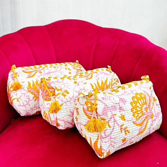 3-Piece Quilted Cotton Washbag Set – Soft, Stylish & Travel-Ready White with mustard and pink